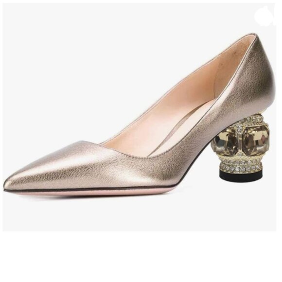 FSJ Gold Bridal Pointed Toe Block Low Heel Crystal Pumps Slip on Wedding Shoes - Picture 1 of 8